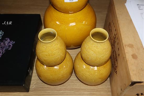 Three Chinese yellow ground vases Tallest 35cm